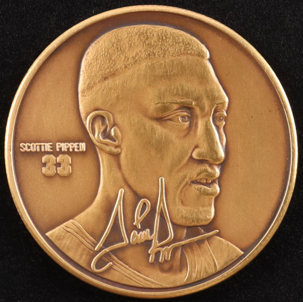 Set of (3) LE 1998 Bulls Scottie Pippen & Michael Jordan 6x Champs Highland Mint Bronze Coins at PristineAuction.com Set of (3) LE 1998 Bulls Scottie Pippen & Michael Jordan 6x Champs Highland Mint Bronze Coins at PristineAuction.com