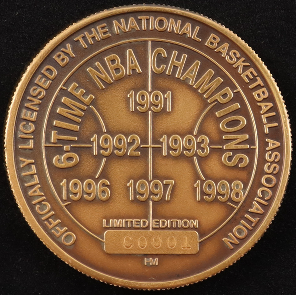 Set of (3) LE 1998 Bulls Scottie Pippen & Michael Jordan 6x Champs Highland Mint Bronze Coins at PristineAuction.com Set of (3) LE 1998 Bulls Scottie Pippen & Michael Jordan 6x Champs Highland Mint Bronze Coins at PristineAuction.com