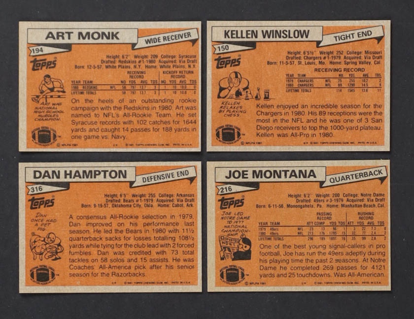 1981 Topps Football Complete Set of (528) Cards with Joe Montana #216 RC, Art Monk #194 RC, Walter Payton #400, Kellen Winslow #150 RC at PristineAuction.com 1981 Topps Football Complete Set of (528) Cards with Joe Montana #216 RC, Art Monk #194 RC, Walter Payton #400, Kellen Winslow #150 RC at PristineAuction.com