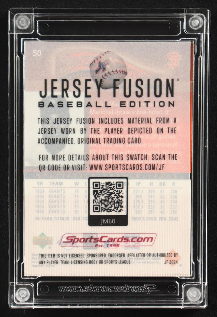 Juan Marichal 2024 Jersey Fusion Baseball Edition Upper Deck Sweet Spot Classic Game Used Swatch #JM60 at PristineAuction.com Juan Marichal 2024 Jersey Fusion Baseball Edition Upper Deck Sweet Spot Classic Game Used Swatch #JM60 at PristineAuction.com