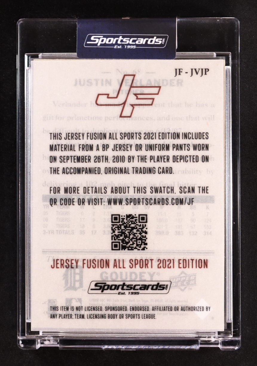 Justin Verlander 2021 Jersey Fusion Game-Used Swatch #JF-JVJP at PristineAuction.com Justin Verlander 2021 Jersey Fusion Game-Used Swatch #JF-JVJP at PristineAuction.com