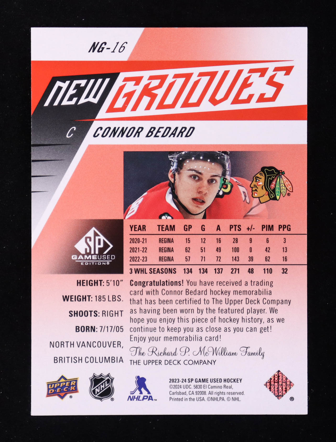 Connor Bedard 2023-24 SP Game Used New Grooves Jerseys #NG16 RC at PristineAuction.com Connor Bedard 2023-24 SP Game Used New Grooves Jerseys #NG16 RC at PristineAuction.com