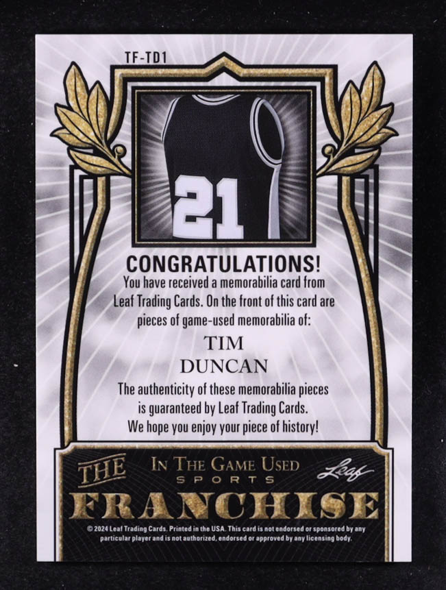 Tim Duncan 2024 Leaf ITG Used Sports The Franchise Triple Threads Rainbow Foil #TFTD1 #58/60 at PristineAuction.com Tim Duncan 2024 Leaf ITG Used Sports The Franchise Triple Threads Rainbow Foil #TFTD1 #58/60 at PristineAuction.com