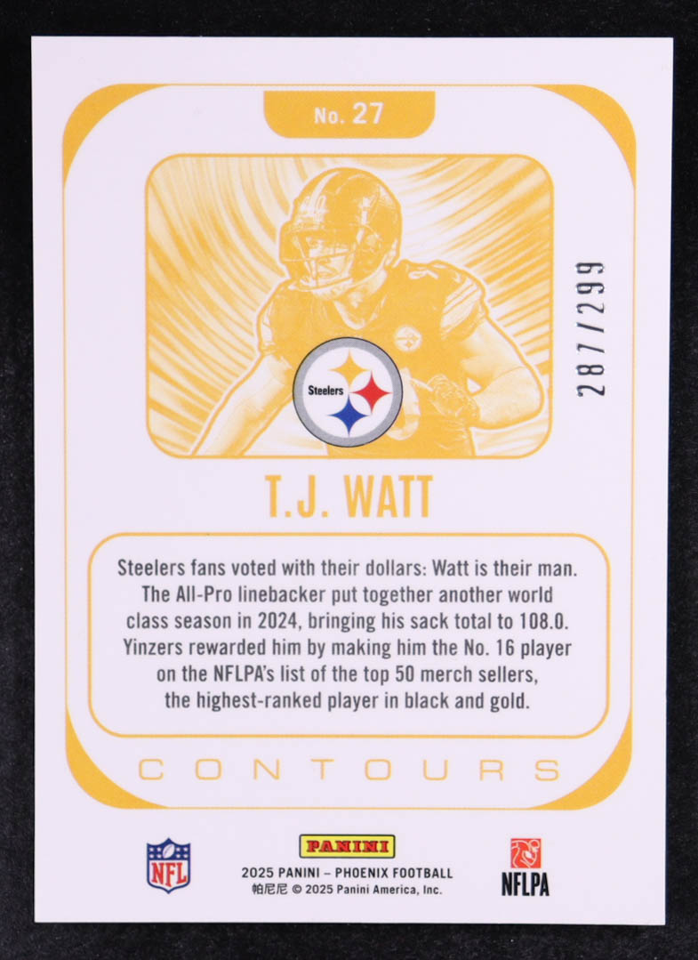T.J. Watt 2025 Panini Phoenix Contours Silver Hyper #27 #287/299 at PristineAuction.com T.J. Watt 2025 Panini Phoenix Contours Silver Hyper #27 #287/299 at PristineAuction.com
