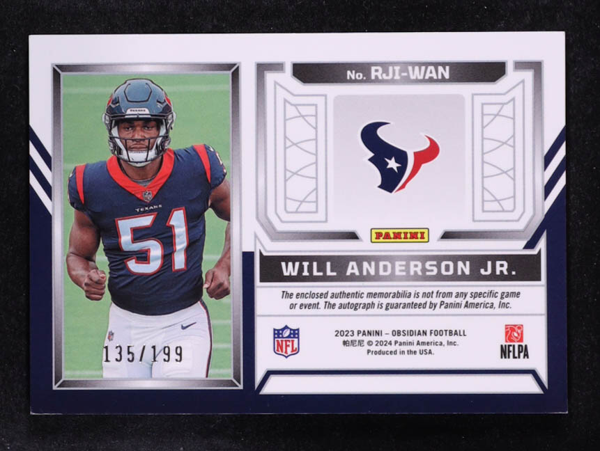 Will Anderson Jr. 2023 Panini Obsidian Rookie Jersey Ink #23 #135/199 RC at PristineAuction.com Will Anderson Jr. 2023 Panini Obsidian Rookie Jersey Ink #23 #135/199 RC at PristineAuction.com
