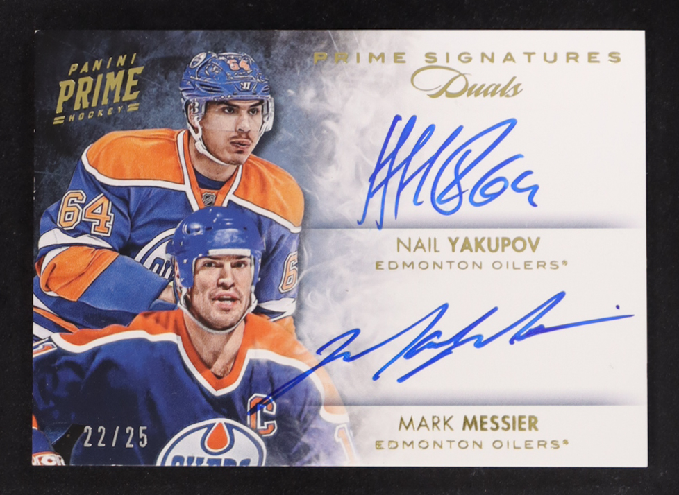 Mark Messier / Nail Yakupov 2013-14 Panini Prime Signatures Duals Gold #SDMY #22/25 at PristineAuction.com Mark Messier / Nail Yakupov 2013-14 Panini Prime Signatures Duals Gold #SDMY #22/25 at PristineAuction.com