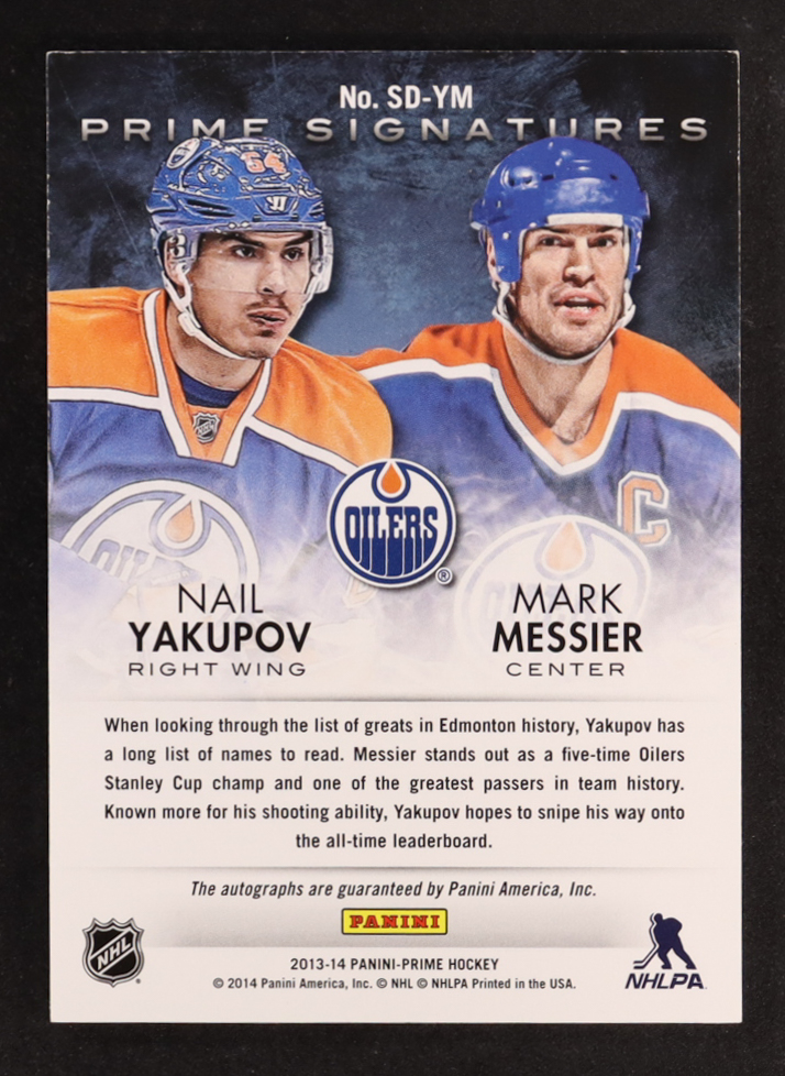 Mark Messier / Nail Yakupov 2013-14 Panini Prime Signatures Duals Gold #SDMY #22/25 at PristineAuction.com Mark Messier / Nail Yakupov 2013-14 Panini Prime Signatures Duals Gold #SDMY #22/25 at PristineAuction.com