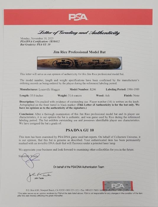 Jim Rice Signed 1986-89 Game-Used Louisville Slugger Player Model Baseball Bat (PSA GU 10 & JSA) at PristineAuction.com Jim Rice Signed 1986-89 Game-Used Louisville Slugger Player Model Baseball Bat (PSA GU 10 & JSA) at PristineAuction.com