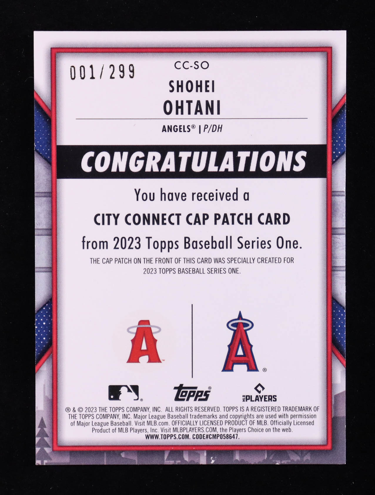 Shohei Ohtani 2023 Topps City Connect Commemorative Patch Black #CCSO #001/299 at PristineAuction.com Shohei Ohtani 2023 Topps City Connect Commemorative Patch Black #CCSO #001/299 at PristineAuction.com