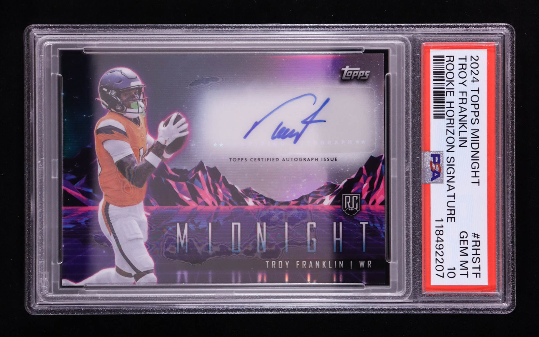 Troy Franklin 2024 Topps Midnight Rookie Horizon Signatures #RHSTF RC (PSA 10) at PristineAuction.com Troy Franklin 2024 Topps Midnight Rookie Horizon Signatures #RHSTF RC (PSA 10) at PristineAuction.com