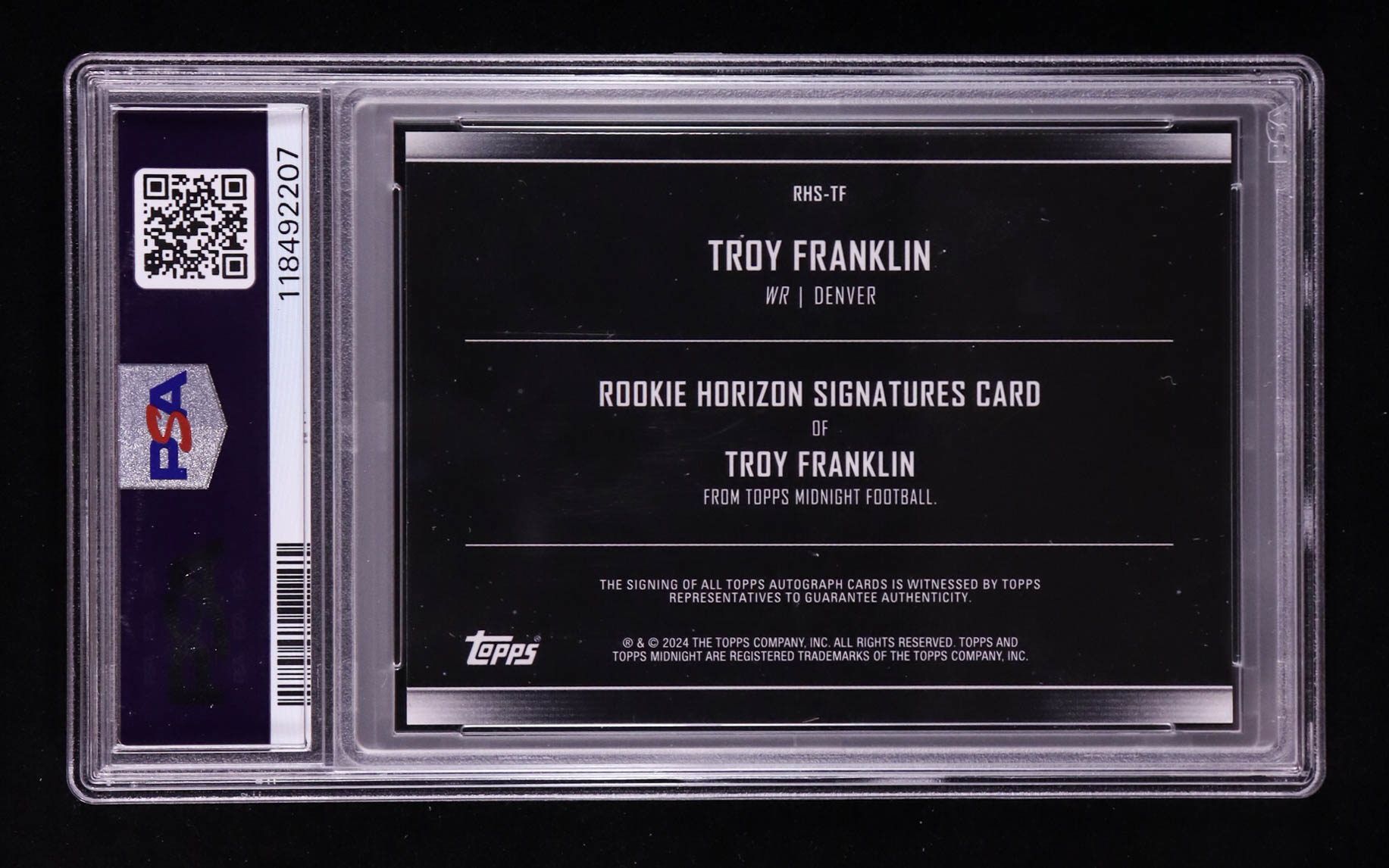 Troy Franklin 2024 Topps Midnight Rookie Horizon Signatures #RHSTF RC (PSA 10) at PristineAuction.com Troy Franklin 2024 Topps Midnight Rookie Horizon Signatures #RHSTF RC (PSA 10) at PristineAuction.com