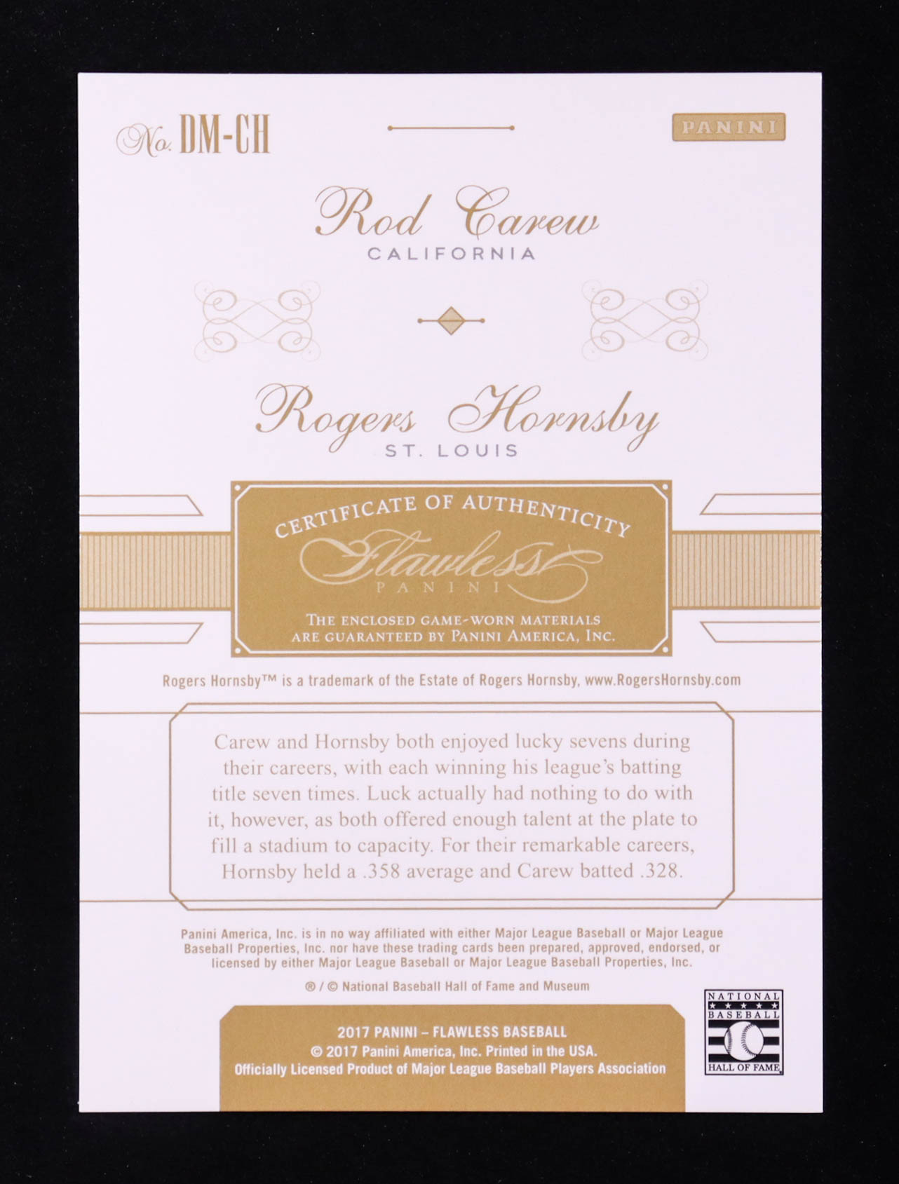 Rod Carew / Rogers Hornsby 2017 Panini Flawless Dual Player Memorabilia Ruby #18 #9/10 at PristineAuction.com Rod Carew / Rogers Hornsby 2017 Panini Flawless Dual Player Memorabilia Ruby #18 #9/10 at PristineAuction.com