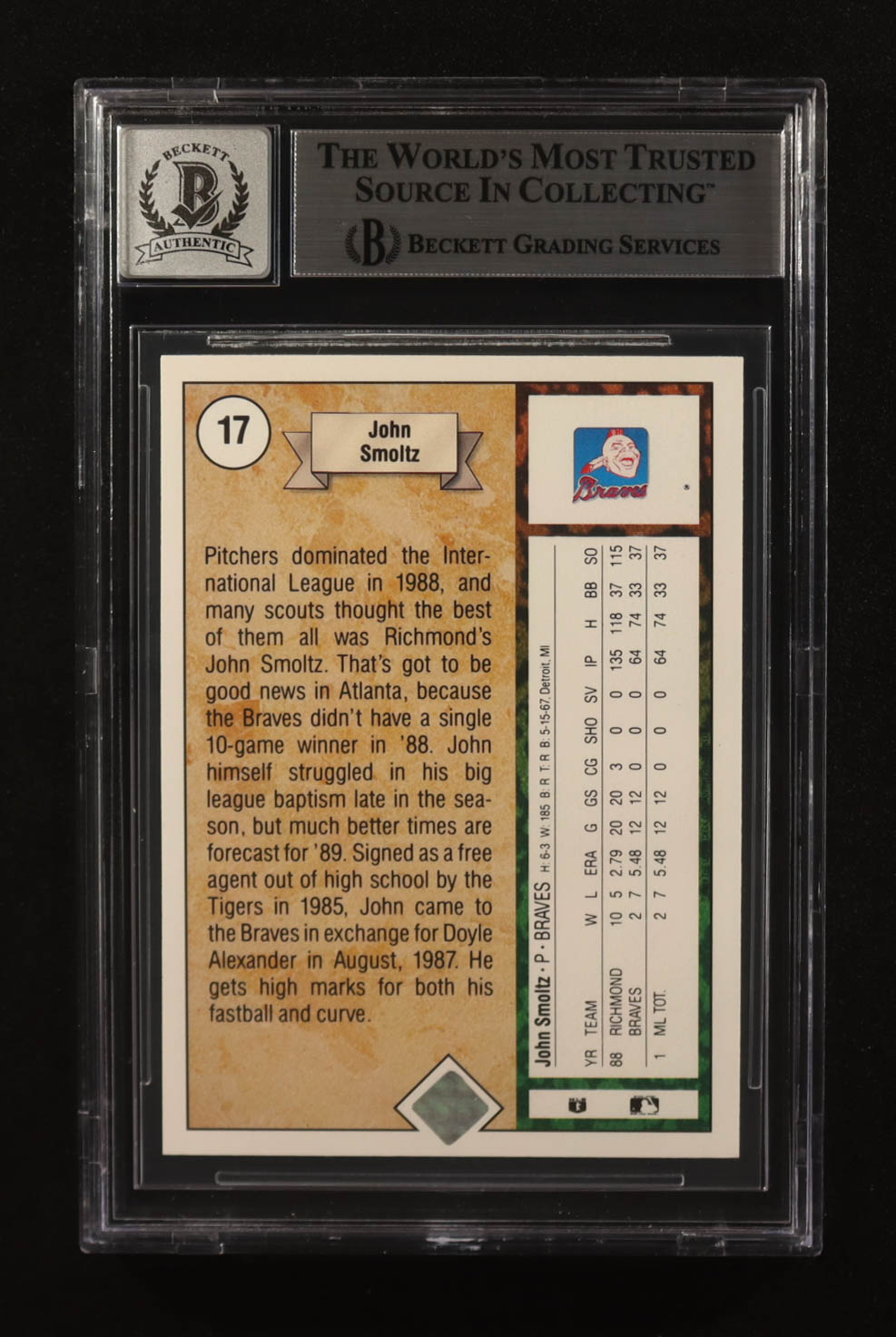 John Smoltz Signed 1989 Upper Deck #17 RC (BGS | Autograph Graded BGS 10) at PristineAuction.com John Smoltz Signed 1989 Upper Deck #17 RC (BGS | Autograph Graded BGS 10) at PristineAuction.com