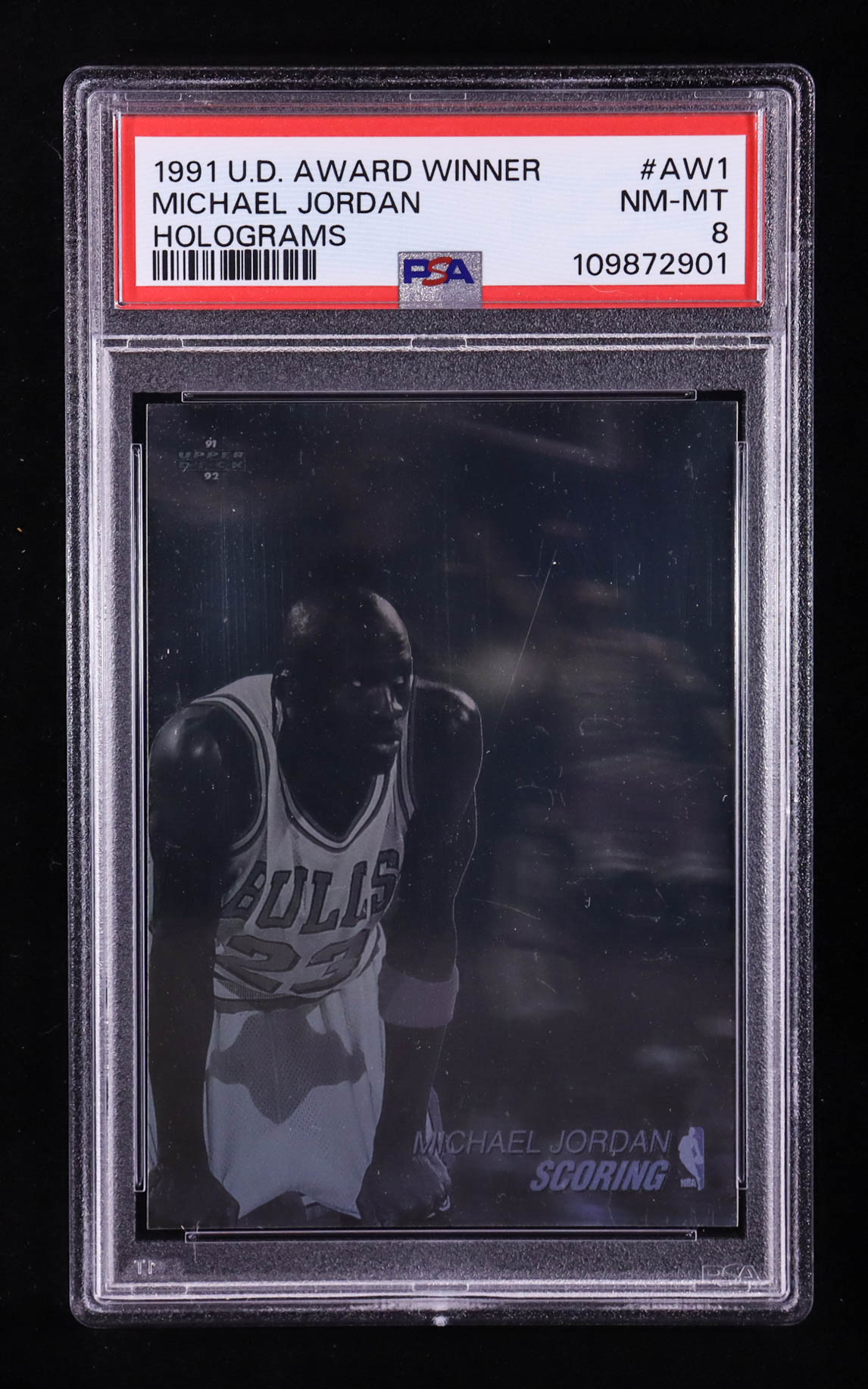 Michael Jordan 1991-92 Upper Deck Award Winner Holograms #AW1 Scoring Leader (PSA 8) at PristineAuction.com Michael Jordan 1991-92 Upper Deck Award Winner Holograms #AW1 Scoring Leader (PSA 8) at PristineAuction.com