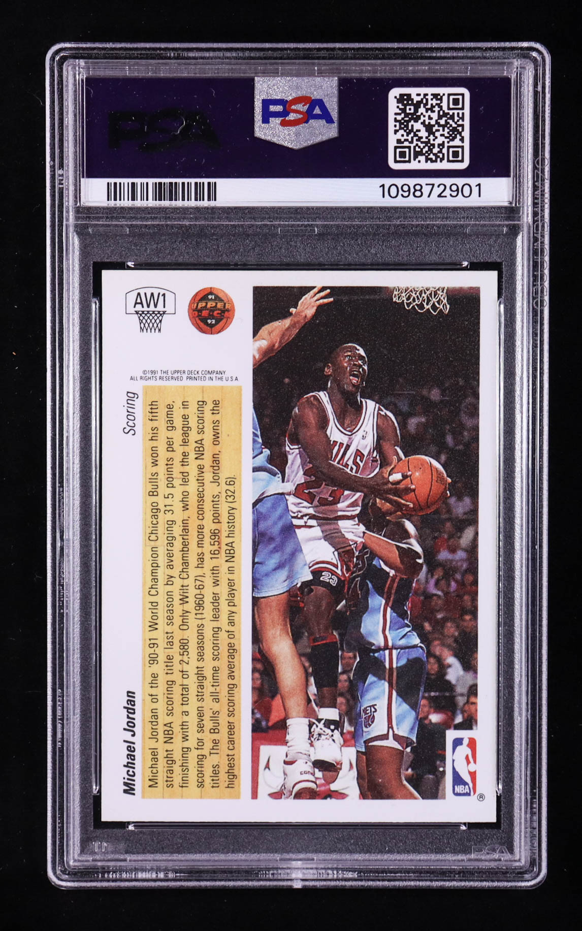 Michael Jordan 1991-92 Upper Deck Award Winner Holograms #AW1 Scoring Leader (PSA 8) at PristineAuction.com Michael Jordan 1991-92 Upper Deck Award Winner Holograms #AW1 Scoring Leader (PSA 8) at PristineAuction.com