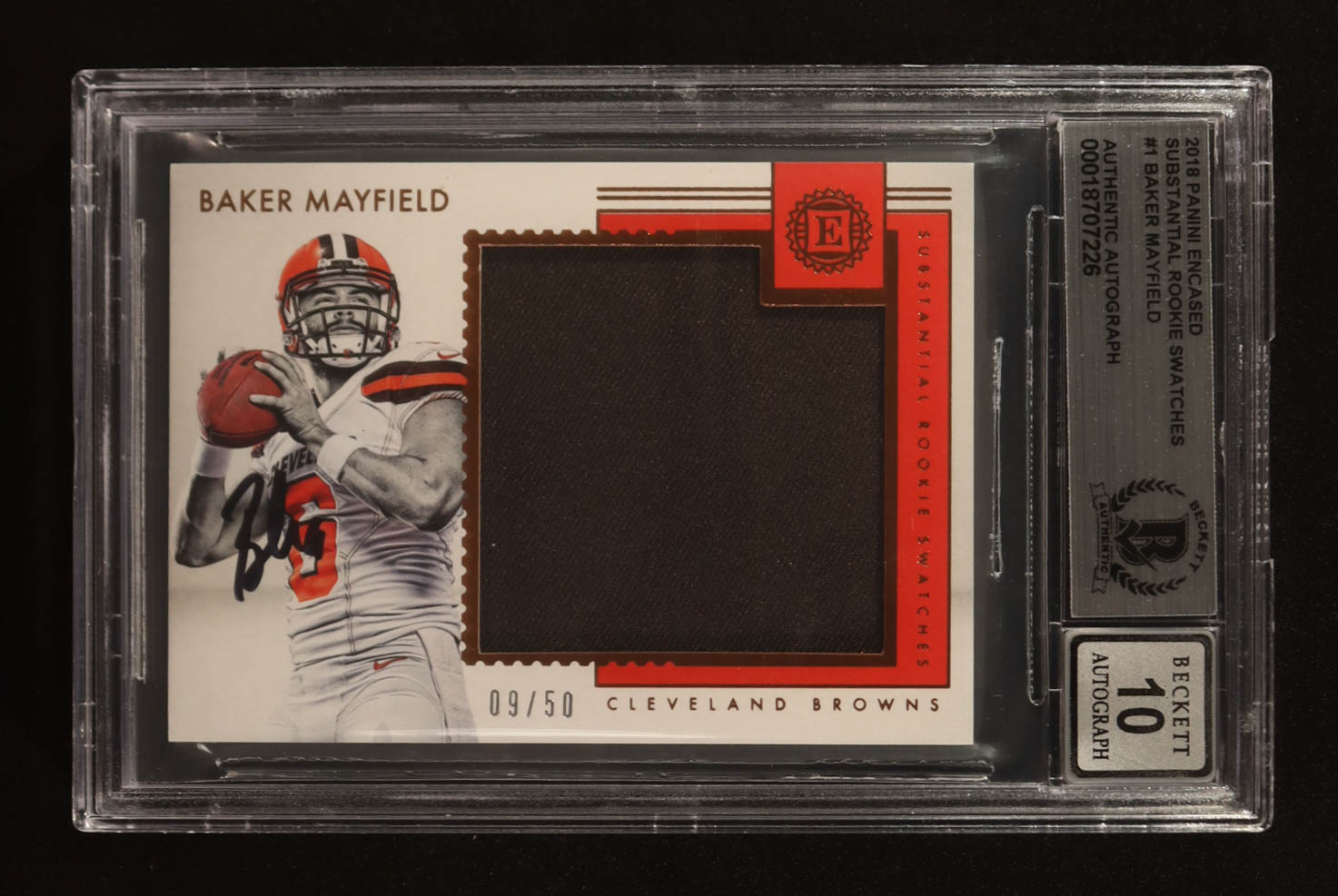 Baker Mayfield Signed 2018 Panini Encased Substantial Rookie Swatches #SRS-BM RC #09/50 (BGS | Autograph Graded BGS 10) at PristineAuction.com Baker Mayfield Signed 2018 Panini Encased Substantial Rookie Swatches #SRS-BM RC #09/50 (BGS | Autograph Graded BGS 10) at PristineAuction.com