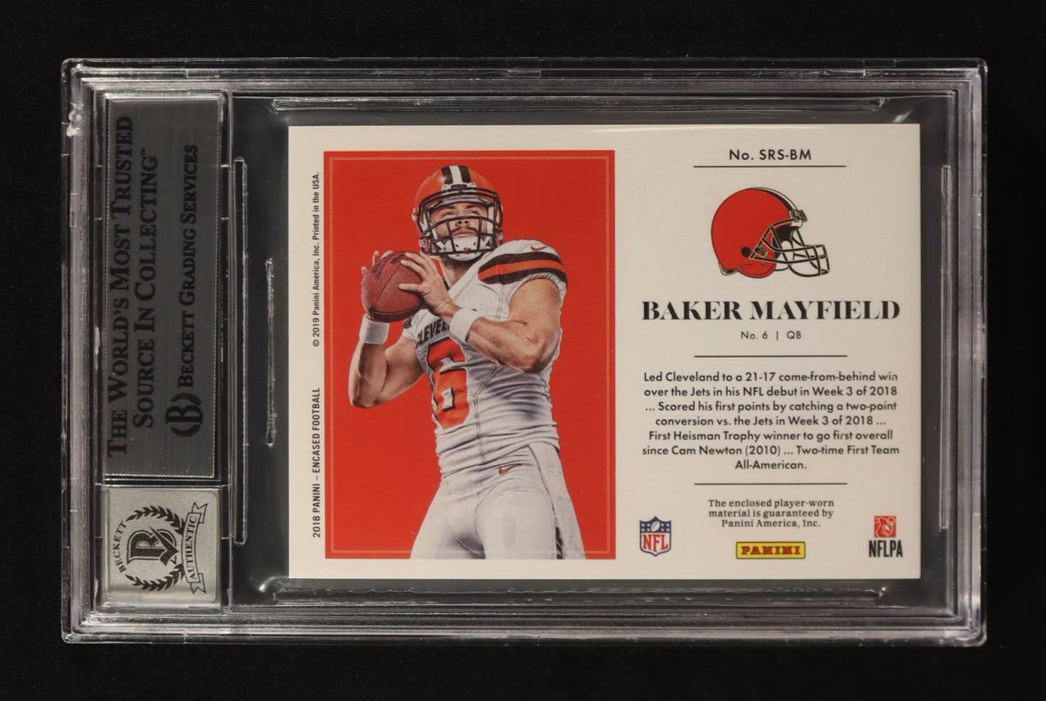 Baker Mayfield Signed 2018 Panini Encased Substantial Rookie Swatches #SRS-BM RC #09/50 (BGS | Autograph Graded BGS 10) at PristineAuction.com Baker Mayfield Signed 2018 Panini Encased Substantial Rookie Swatches #SRS-BM RC #09/50 (BGS | Autograph Graded BGS 10) at PristineAuction.com