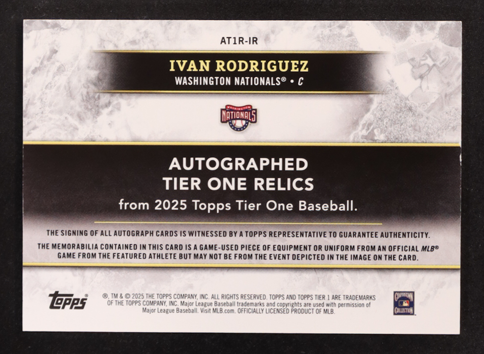 Ivan Rodriguez 2025 Topps Tier One Relic Autographs #AT1RIR #20/25 at PristineAuction.com Ivan Rodriguez 2025 Topps Tier One Relic Autographs #AT1RIR #20/25 at PristineAuction.com