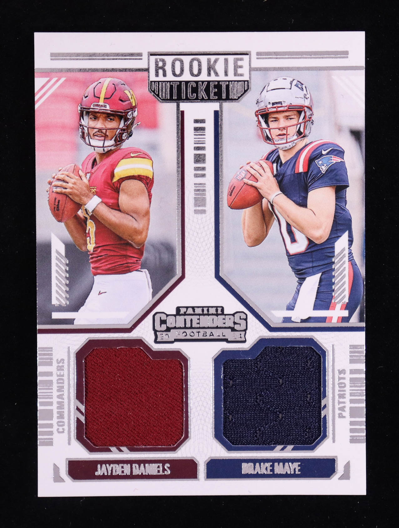 Drake Maye / Jayden Daniels 2024 Panini Contenders Rookie Ticket Dual Swatches #13 RC at PristineAuction.com Drake Maye / Jayden Daniels 2024 Panini Contenders Rookie Ticket Dual Swatches #13 RC at PristineAuction.com