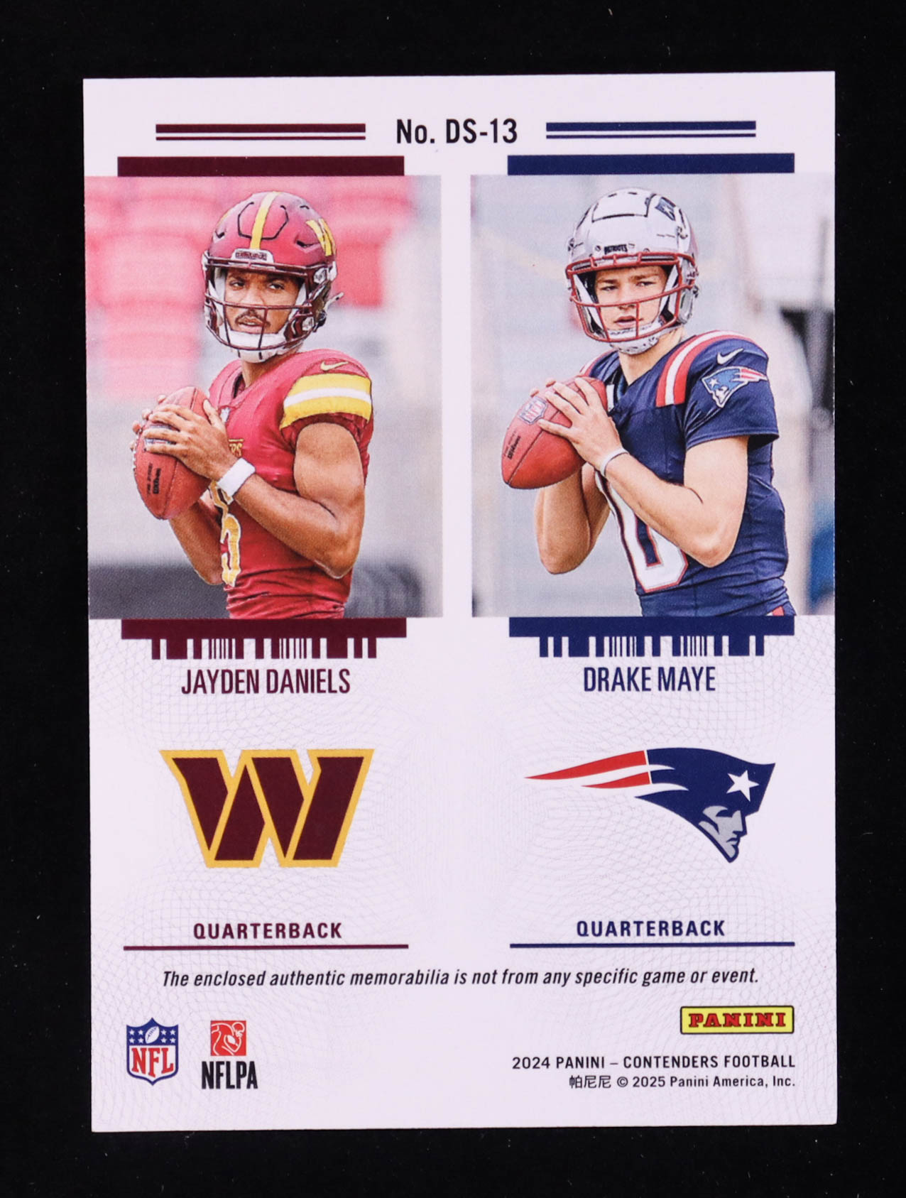 Drake Maye / Jayden Daniels 2024 Panini Contenders Rookie Ticket Dual Swatches #13 RC at PristineAuction.com Drake Maye / Jayden Daniels 2024 Panini Contenders Rookie Ticket Dual Swatches #13 RC at PristineAuction.com