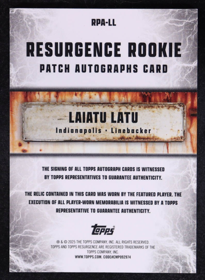 Laiatu Latu 2024 Topps Resurgence Resurgence Rookie Patch Autographs Orange Power Surge #RPALL #13/25 RC at PristineAuction.com Laiatu Latu 2024 Topps Resurgence Resurgence Rookie Patch Autographs Orange Power Surge #RPALL #13/25 RC at PristineAuction.com