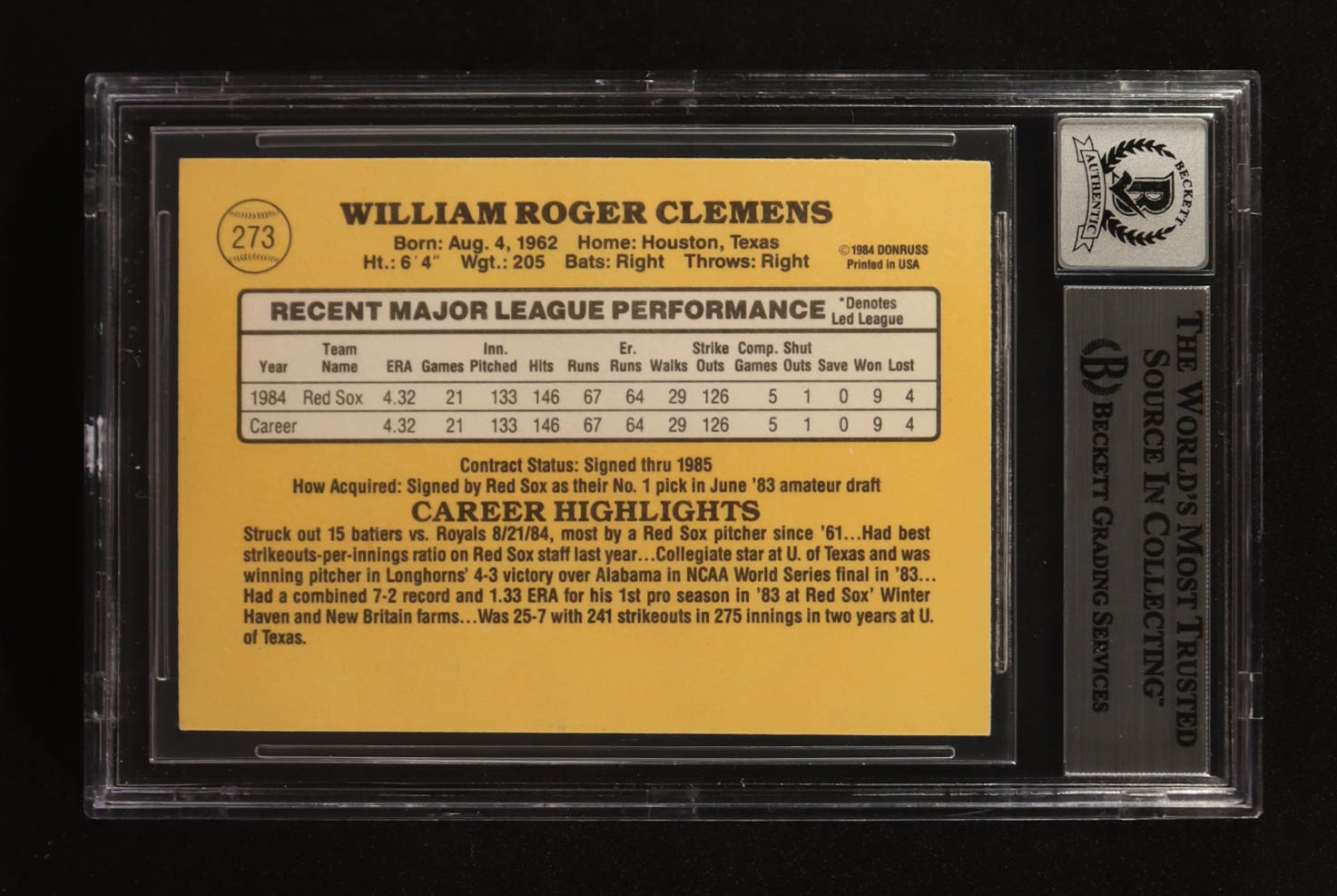 Roger Clemens Signed 1985 Donruss #273 RC (BGS | Autograph Graded BGS 10) at PristineAuction.com Roger Clemens Signed 1985 Donruss #273 RC (BGS | Autograph Graded BGS 10) at PristineAuction.com