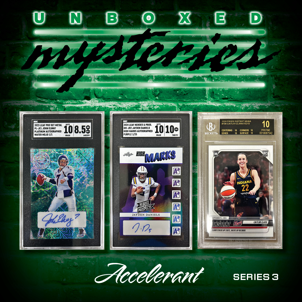 Accelerant "UNBOXED MYSTERIES SERIES 3" Mystery Box (1) SEALED “HIT PACK”, (3) AUTO’S/MEM/1/1’s & 6 SEALED PACKS (ALL DIFFERENT) at PristineAuction.com Accelerant "UNBOXED MYSTERIES SERIES 3" Mystery Box (1) SEALED “HIT PACK”, (3) AUTO’S/MEM/1/1’s & 6 SEALED PACKS (ALL DIFFERENT) at PristineAuction.com