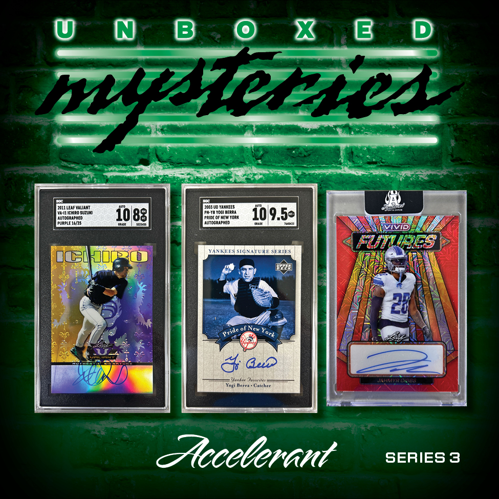 Accelerant "UNBOXED MYSTERIES SERIES 3" Mystery Box (1) SEALED “HIT PACK”, (3) AUTO’S/MEM/1/1’s & 6 SEALED PACKS (ALL DIFFERENT) at PristineAuction.com Accelerant "UNBOXED MYSTERIES SERIES 3" Mystery Box (1) SEALED “HIT PACK”, (3) AUTO’S/MEM/1/1’s & 6 SEALED PACKS (ALL DIFFERENT) at PristineAuction.com