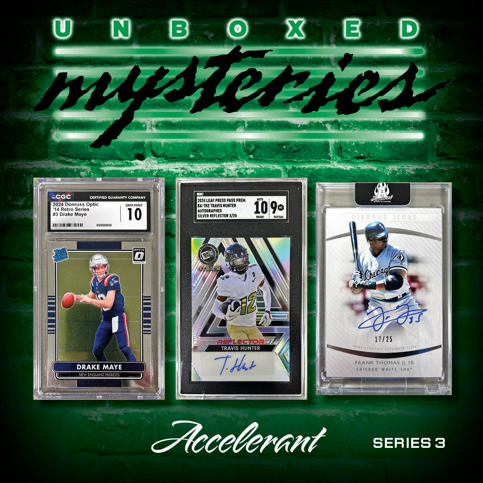 Accelerant "UNBOXED MYSTERIES SERIES 3" Mystery Box (1) SEALED “HIT PACK”, (3) AUTO’S/MEM/1/1’s & 6 SEALED PACKS (ALL DIFFERENT) at PristineAuction.com Accelerant "UNBOXED MYSTERIES SERIES 3" Mystery Box (1) SEALED “HIT PACK”, (3) AUTO’S/MEM/1/1’s & 6 SEALED PACKS (ALL DIFFERENT) at PristineAuction.com