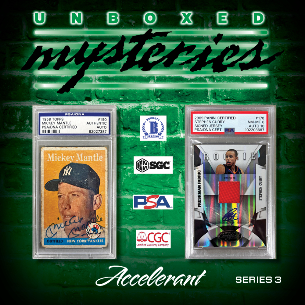 Accelerant "UNBOXED MYSTERIES SERIES 3" Mystery Box (1) SEALED &ldquo;HIT PACK&rdquo;, (3) AUTO&rsquo;S/MEM/1/1&rsquo;s & 6 SEALED PACKS (ALL DIFFERENT) at PristineAuction.com