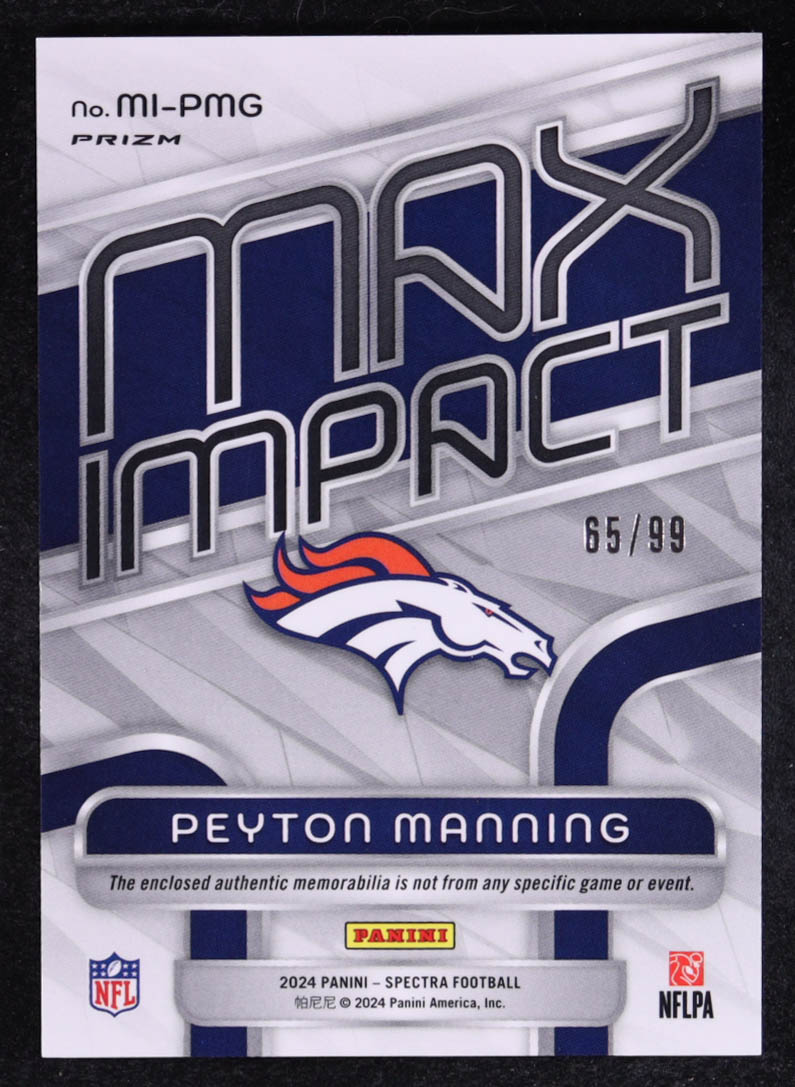 Peyton Manning 2024 Panini Spectra Max Impact Materials #27 #65/99 at PristineAuction.com Peyton Manning 2024 Panini Spectra Max Impact Materials #27 #65/99 at PristineAuction.com