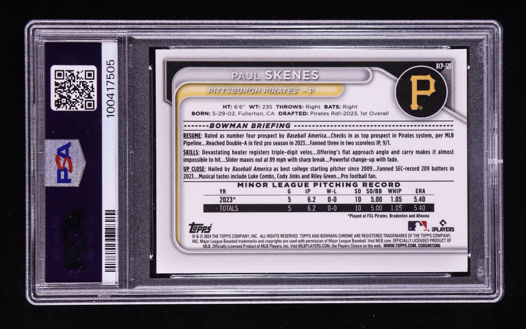 Paul Skenes 2024 Bowman Chrome Mega Box Prospects #BCP125 RC (PSA 9) at PristineAuction.com Paul Skenes 2024 Bowman Chrome Mega Box Prospects #BCP125 RC (PSA 9) at PristineAuction.com