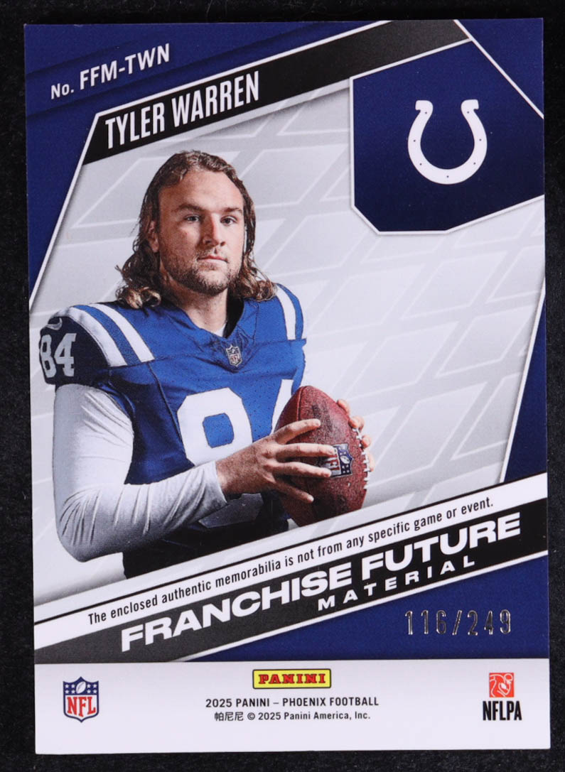 Tyler Warren 2025 Panini Phoenix Franchise Future Material Red #13 #116/249 RC at PristineAuction.com Tyler Warren 2025 Panini Phoenix Franchise Future Material Red #13 #116/249 RC at PristineAuction.com