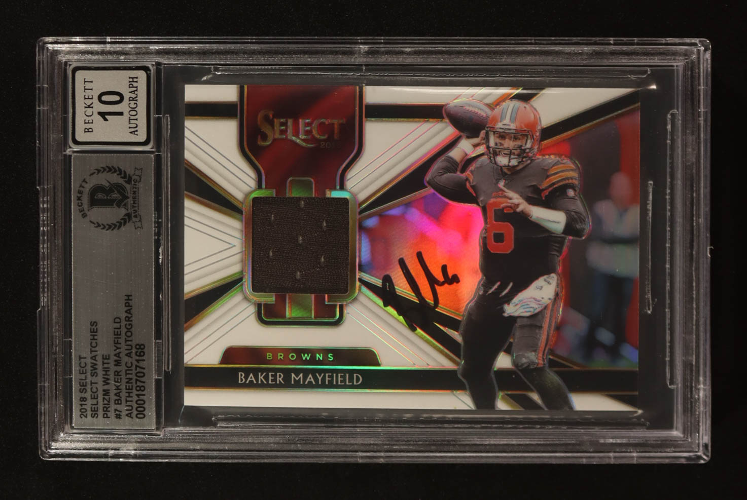 Baker Mayfield Signed 2018 Panini Select Swatches Prizm White #7 RC #114/149 (BGS | Autograph Graded BGS 10) at PristineAuction.com Baker Mayfield Signed 2018 Panini Select Swatches Prizm White #7 RC #114/149 (BGS | Autograph Graded BGS 10) at PristineAuction.com