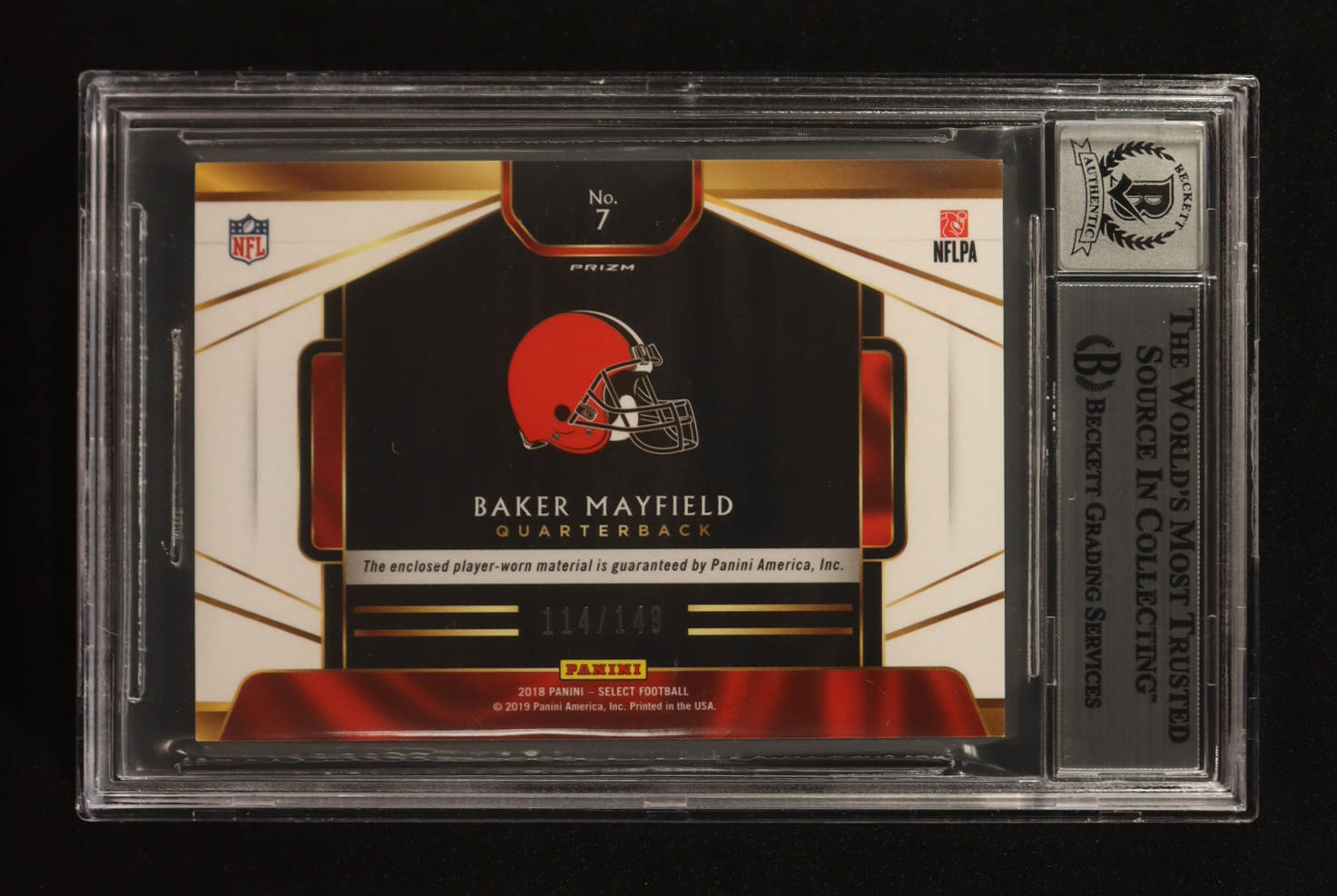 Baker Mayfield Signed 2018 Panini Select Swatches Prizm White #7 RC #114/149 (BGS | Autograph Graded BGS 10) at PristineAuction.com Baker Mayfield Signed 2018 Panini Select Swatches Prizm White #7 RC #114/149 (BGS | Autograph Graded BGS 10) at PristineAuction.com