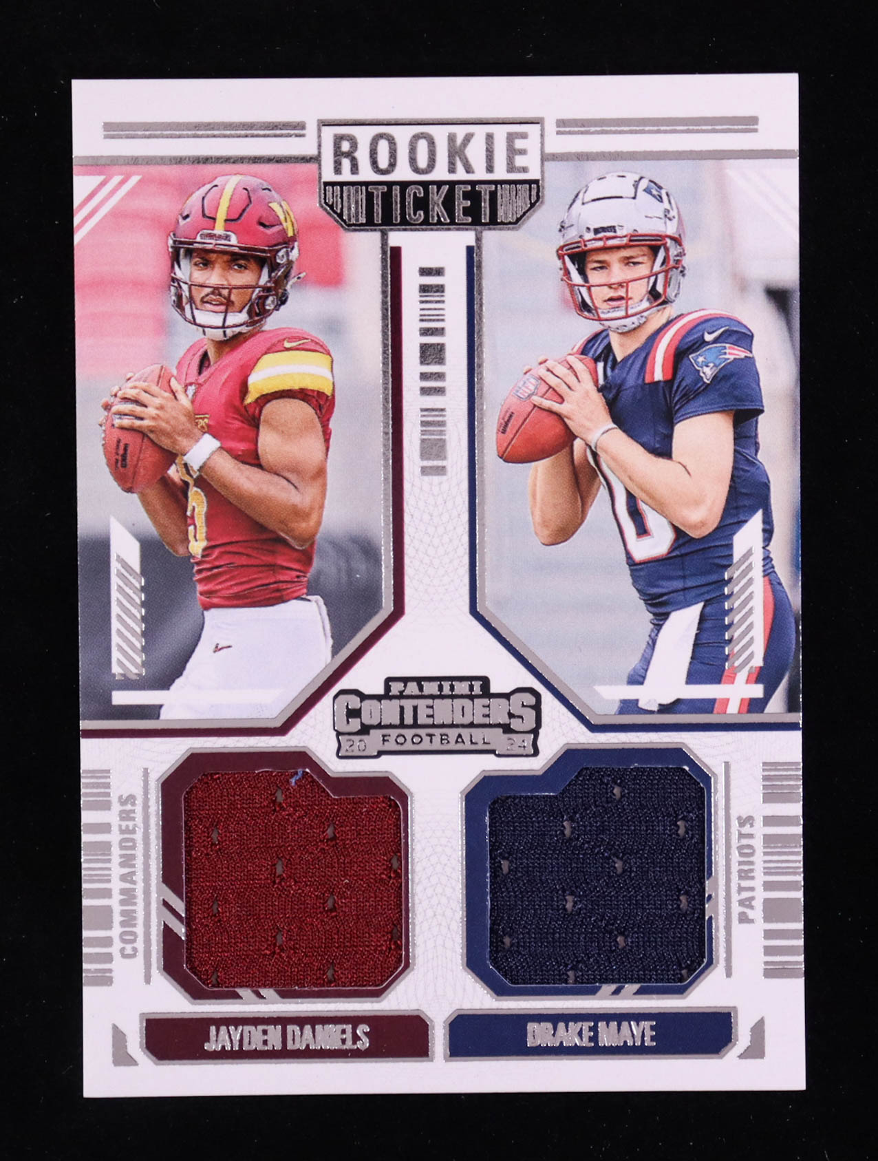 Drake Maye / Jayden Daniels 2024 Panini Contenders Rookie Ticket Dual Swatches #13 RC at PristineAuction.com Drake Maye / Jayden Daniels 2024 Panini Contenders Rookie Ticket Dual Swatches #13 RC at PristineAuction.com