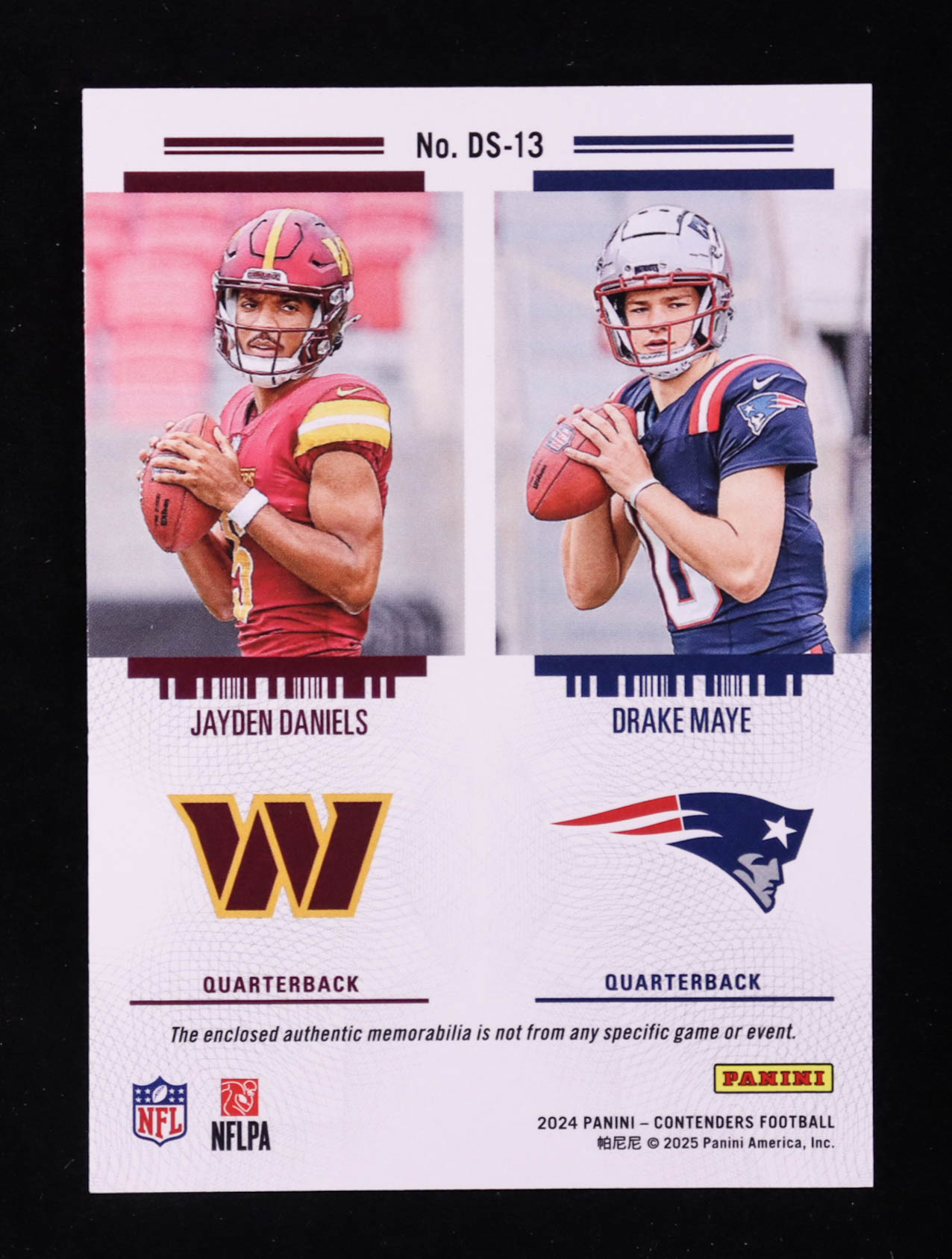 Drake Maye / Jayden Daniels 2024 Panini Contenders Rookie Ticket Dual Swatches #13 RC at PristineAuction.com Drake Maye / Jayden Daniels 2024 Panini Contenders Rookie Ticket Dual Swatches #13 RC at PristineAuction.com