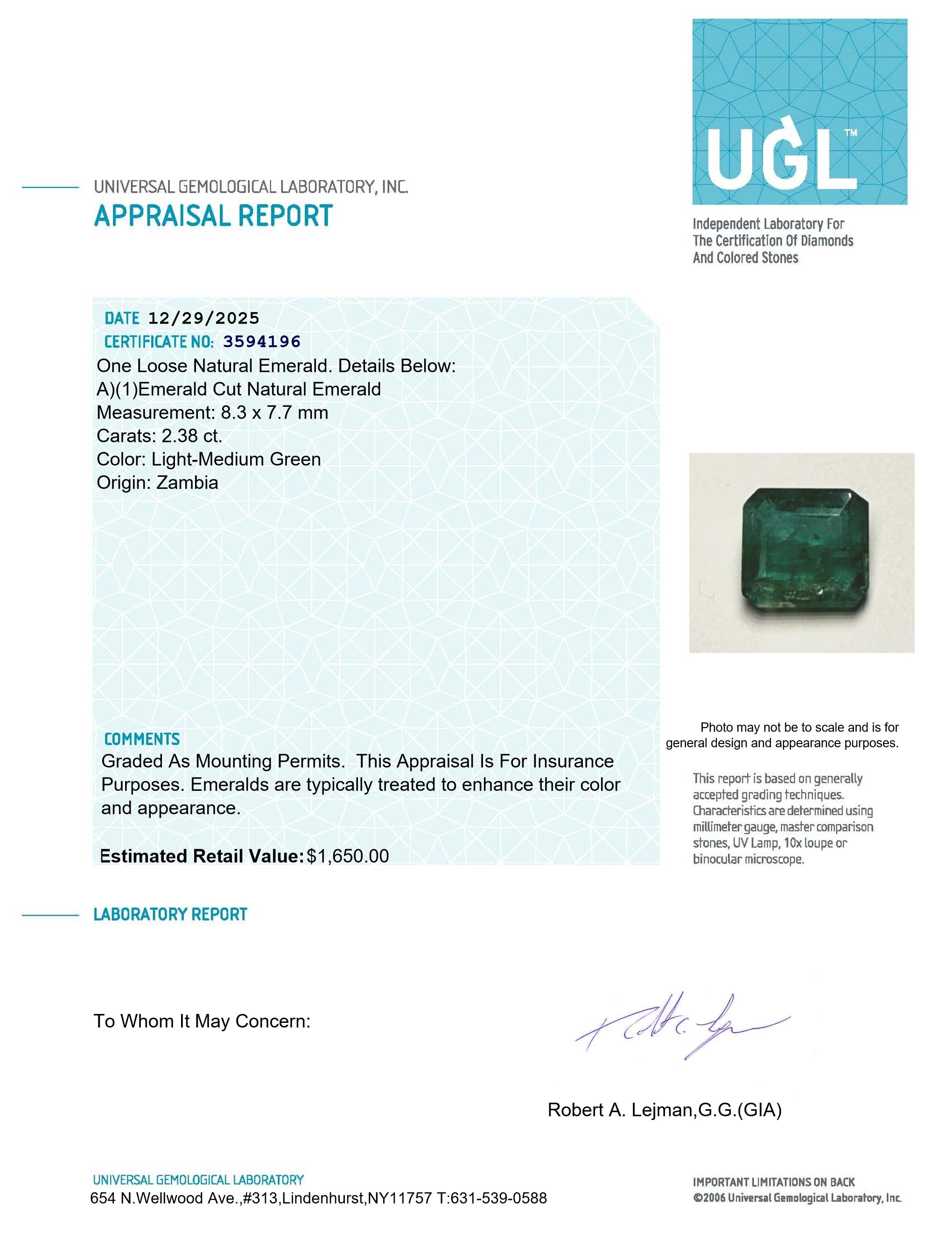 2.38 Carats Natural Emerald Loose | $1,650 Estimated Retail Value (UGL & IGI Certs) at PristineAuction.com 2.38 Carats Natural Emerald Loose | $1,650 Estimated Retail Value (UGL & IGI Certs) at PristineAuction.com