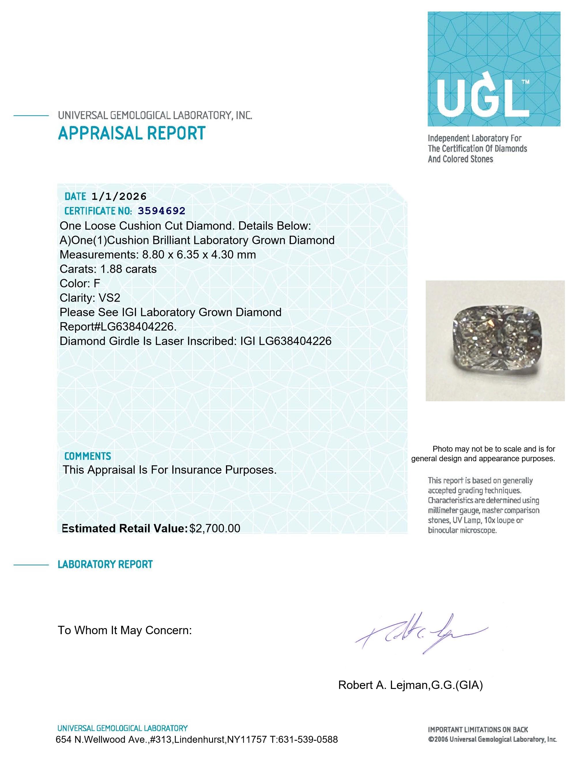 1.88 Carats Lab Grown Diamond Loose F, VS2 | $2,700 Estimated Retail Value (UGL & IGI Certs) at PristineAuction.com 1.88 Carats Lab Grown Diamond Loose F, VS2 | $2,700 Estimated Retail Value (UGL & IGI Certs) at PristineAuction.com