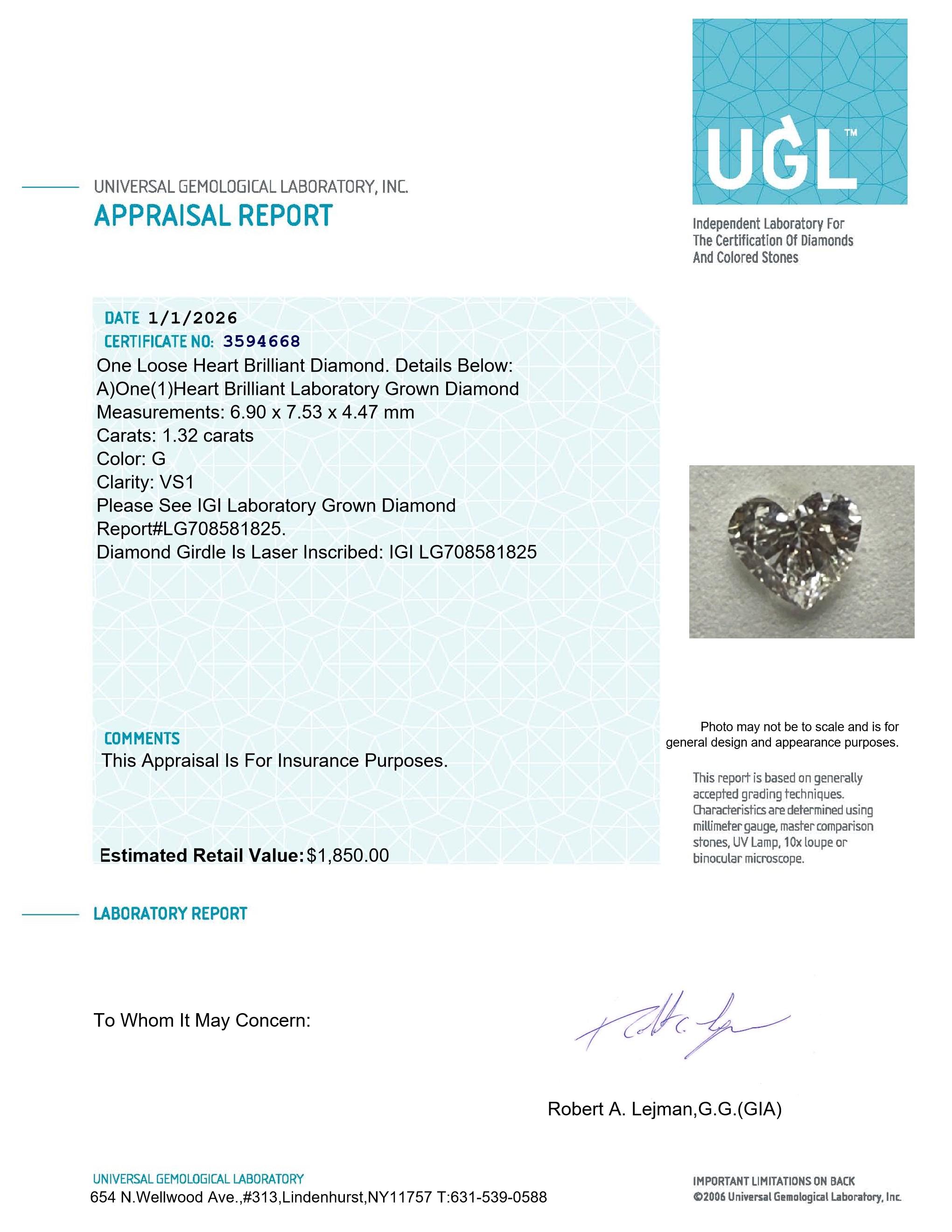 1.32 Carats Lab Grown Diamond Loose G, VS1 | $1,850 Estimated Retail Value (UGL & IGI Certs) at PristineAuction.com 1.32 Carats Lab Grown Diamond Loose G, VS1 | $1,850 Estimated Retail Value (UGL & IGI Certs) at PristineAuction.com