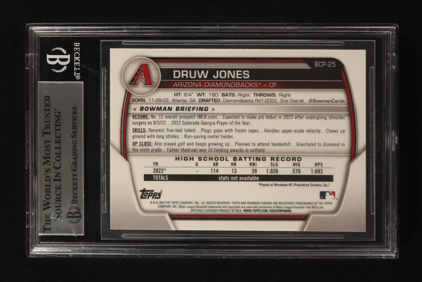 Druw Jones Signed 2023 Bowman Chrome Prospects #BCP-25 RC (BGS) at PristineAuction.com Druw Jones Signed 2023 Bowman Chrome Prospects #BCP-25 RC (BGS) at PristineAuction.com