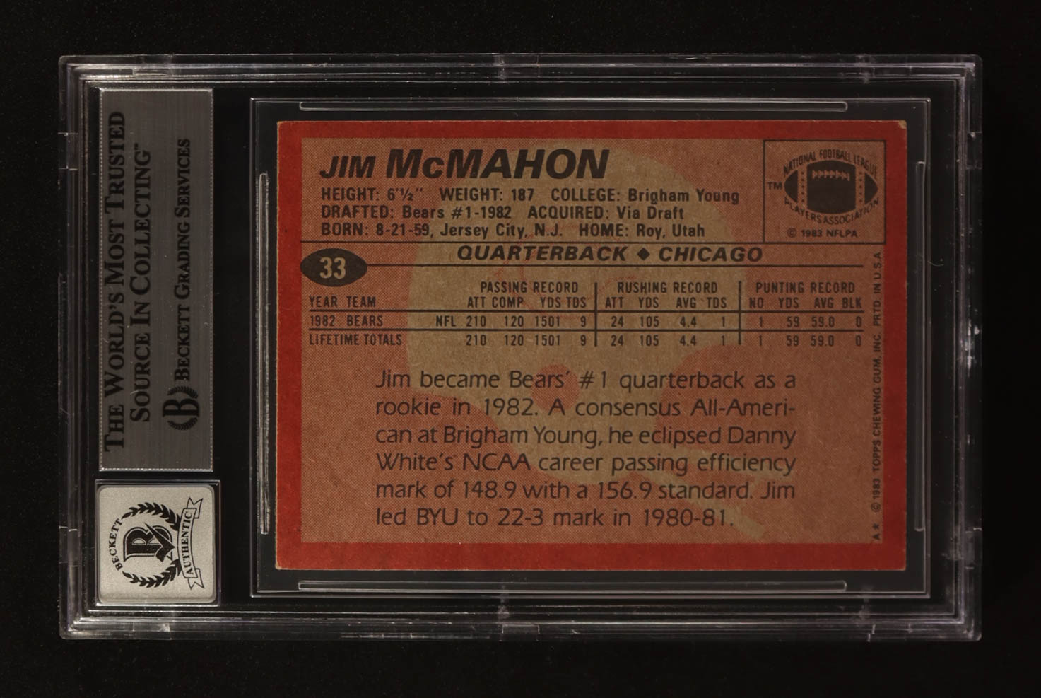 Jim Mcmahon Signed 1983 Topps #33 RC (BGS | Autograph Graded BGS 10) at PristineAuction.com Jim Mcmahon Signed 1983 Topps #33 RC (BGS | Autograph Graded BGS 10) at PristineAuction.com