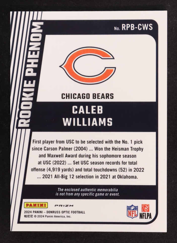 Caleb Williams 2024 Donruss Optic Rookie Phenoms Blue Hyper #1 RC at PristineAuction.com Caleb Williams 2024 Donruss Optic Rookie Phenoms Blue Hyper #1 RC at PristineAuction.com