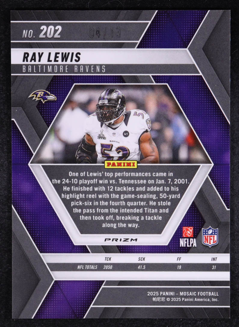 Ray Lewis 2025 Panini Mosaic Mosaic Pink Spectris FOTL #202 #04/13 at PristineAuction.com Ray Lewis 2025 Panini Mosaic Mosaic Pink Spectris FOTL #202 #04/13 at PristineAuction.com