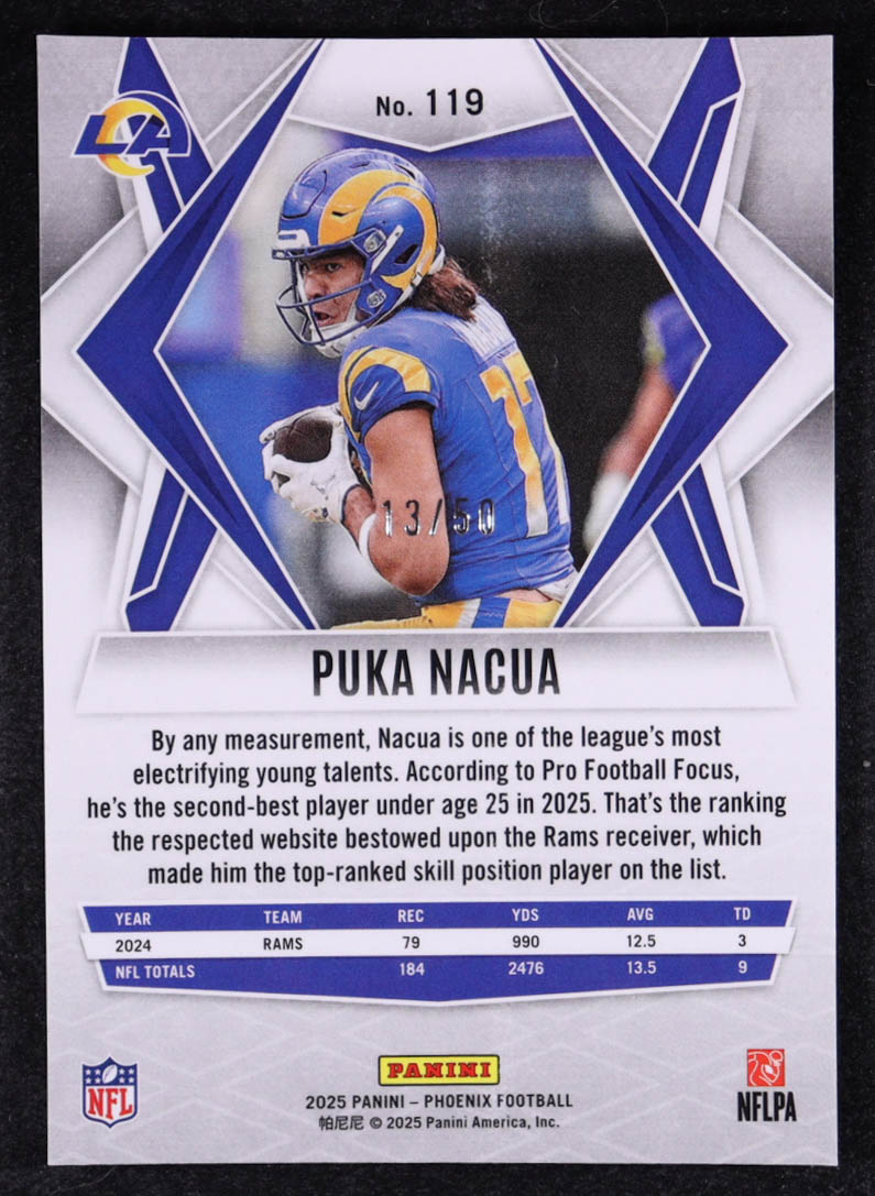 Puka Nacua 2025 Panini Phoenix Blue #119 #13/50 at PristineAuction.com Puka Nacua 2025 Panini Phoenix Blue #119 #13/50 at PristineAuction.com