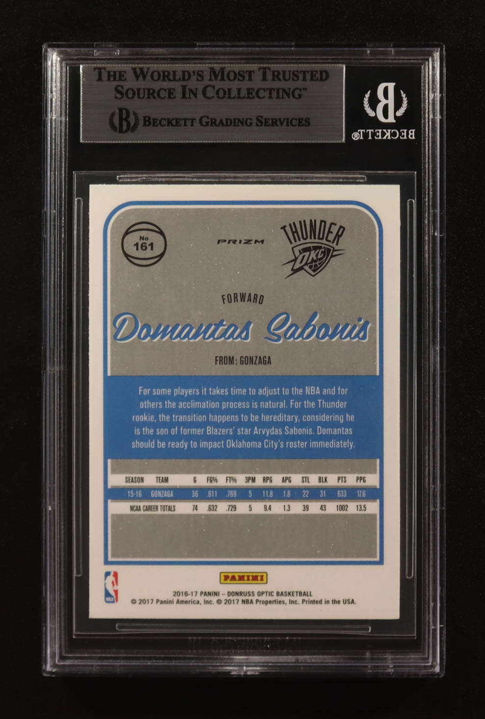 Domatas Sabonis Signed 2016-17 Panini Donruss Optic Holo #161 RC (BGS) at PristineAuction.com Domatas Sabonis Signed 2016-17 Panini Donruss Optic Holo #161 RC (BGS) at PristineAuction.com