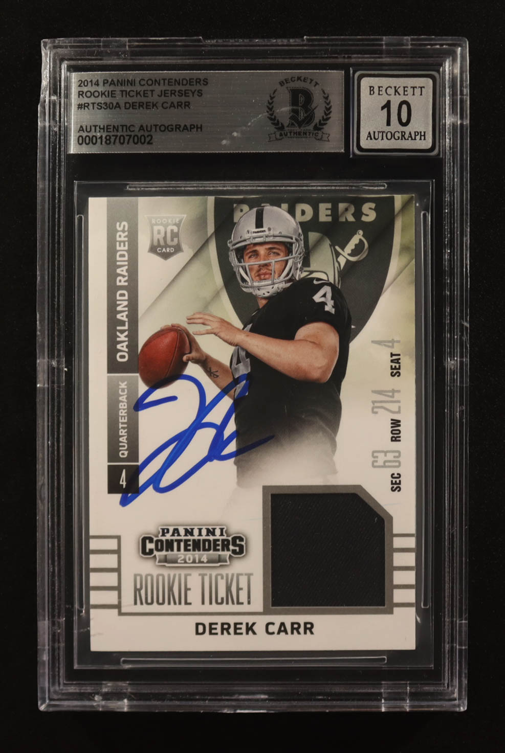 Derek Carr Signed 2014 Panini Contenders Rookie Ticket Jerseys #RTS-30 RC (BGS) at PristineAuction.com Derek Carr Signed 2014 Panini Contenders Rookie Ticket Jerseys #RTS-30 RC (BGS) at PristineAuction.com