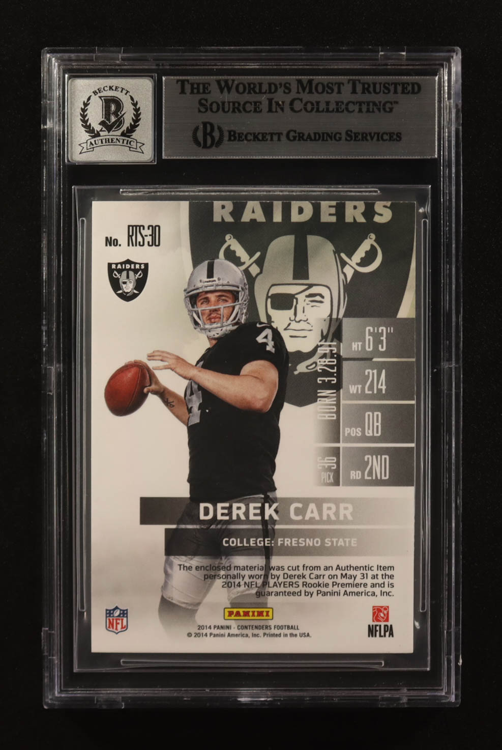 Derek Carr Signed 2014 Panini Contenders Rookie Ticket Jerseys #RTS-30 RC (BGS) at PristineAuction.com Derek Carr Signed 2014 Panini Contenders Rookie Ticket Jerseys #RTS-30 RC (BGS) at PristineAuction.com