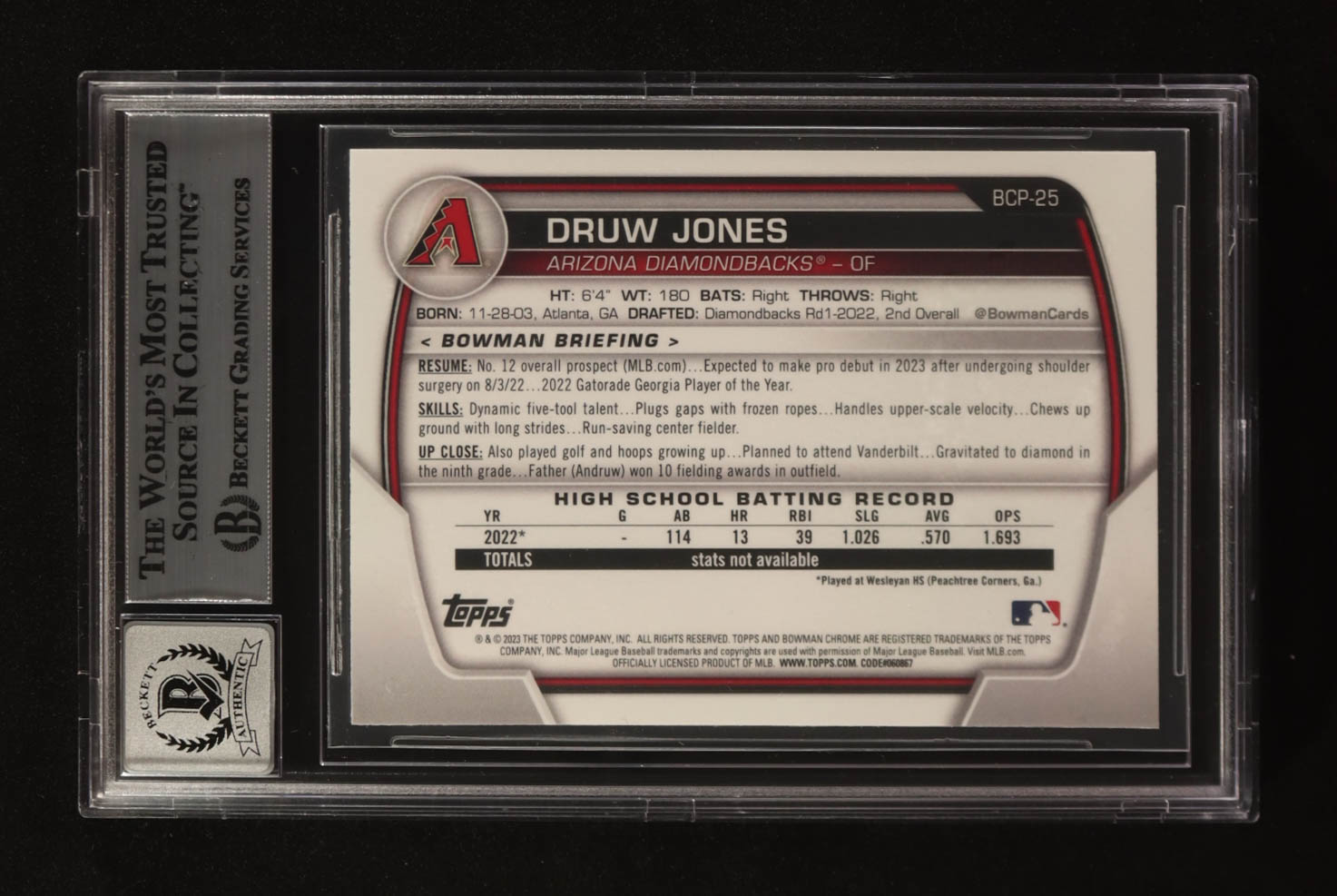 Druw Jones Signed 2023 Bowman Chrome Mega Box Prospects #BCP-25 RC (BGS | Autograph Graded BGS 10) at PristineAuction.com Druw Jones Signed 2023 Bowman Chrome Mega Box Prospects #BCP-25 RC (BGS | Autograph Graded BGS 10) at PristineAuction.com