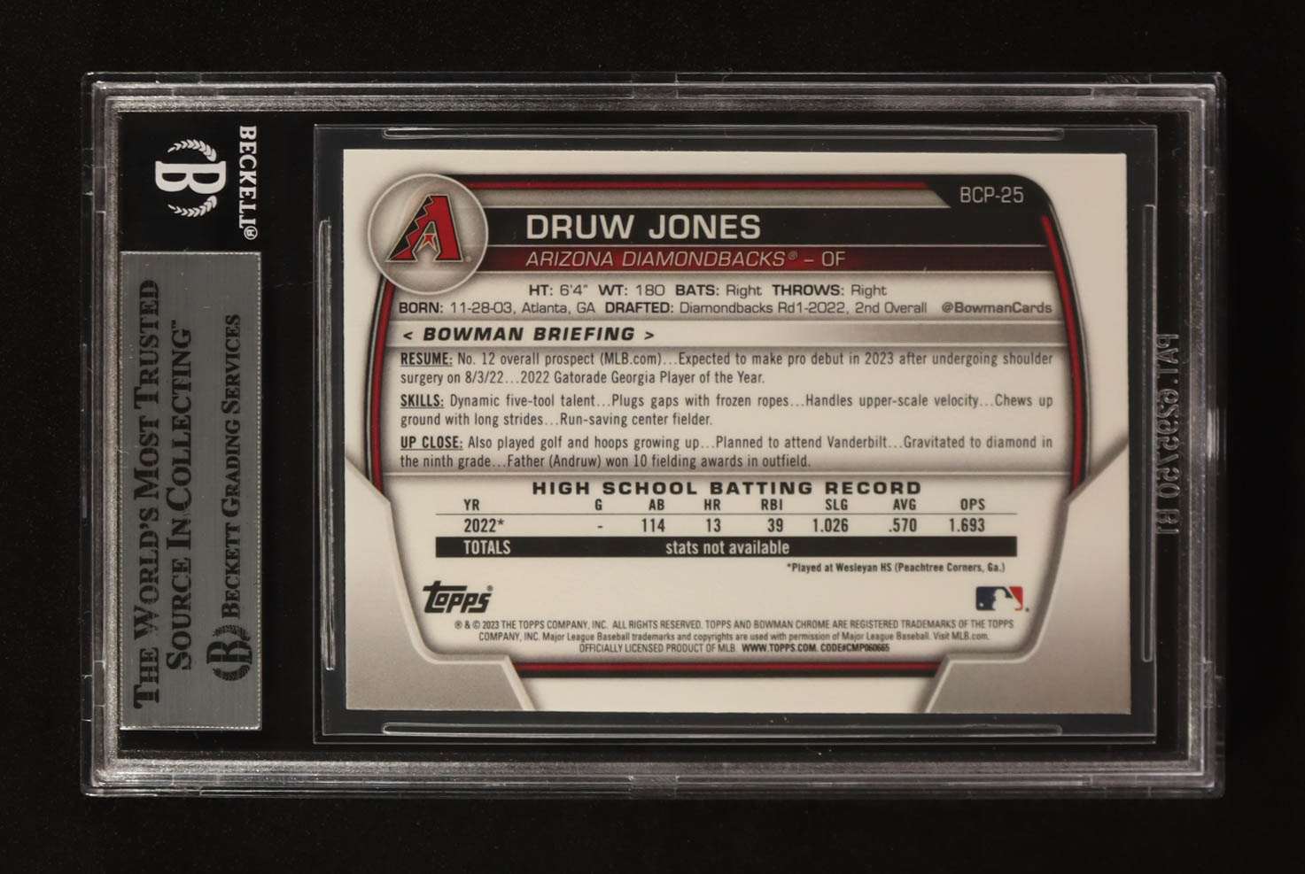 Druw Jones Signed 2023 Bowman Chrome Prospects #BCP-25 RC (BGS) at PristineAuction.com Druw Jones Signed 2023 Bowman Chrome Prospects #BCP-25 RC (BGS) at PristineAuction.com